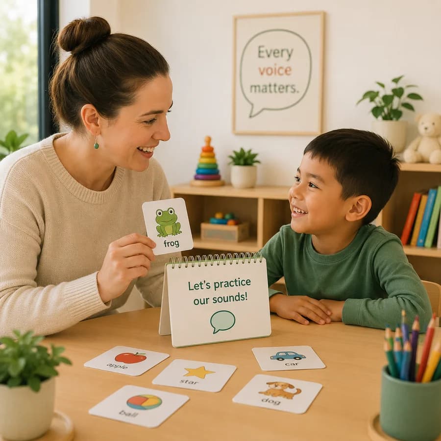 Speech therapist working with a child on communication activities